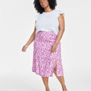 On 34th Plus-sized Pink Floral Summer Cottagecore Casual Midi Skirt Sz, XXL